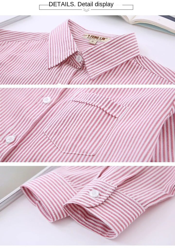 White Blue Pink Striped Shirt Women 2024 Spring New Simple Casual Long Sleeves Blouses and Tops Office Fashion Ladies Clothes