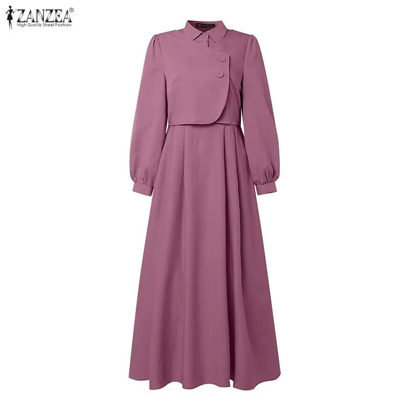 ZANZEA Fashion Muslim Dresses Abaya Ramadan Robe Fake 2 Pieces Women Elegant Long Sleeve Pleated Sundress Dubai Casual Kaftan