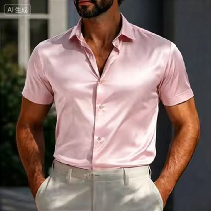 Men's Shirts Satin Shirts Formal Shirts Solid Color Daily Outdoor Light Blue Black White Navy Blue Short Sleeve Cuffed Summer Cl