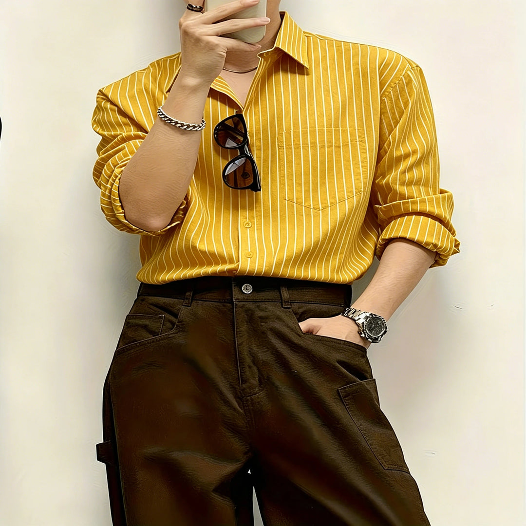 Men's Long-Sleeved Shirt with Black Base and Pinstripes, Loose Fit, Slimming Design, Single Pocket, Lapel, Casual Top.