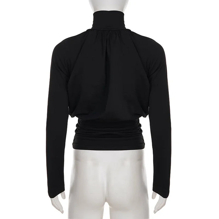 Solid Black T Shirts For Women Elegant Clothes Turtleneck Camisetas Lady Tops Long Sleeve Ropa De Mujer Shirring Feminist Shirt