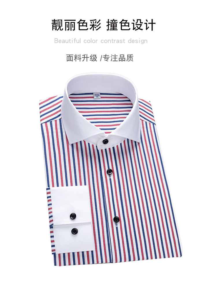 Men's shirt long sleeved slim fit striped Windsor collar contrasting color collar business casual one line collar shirt