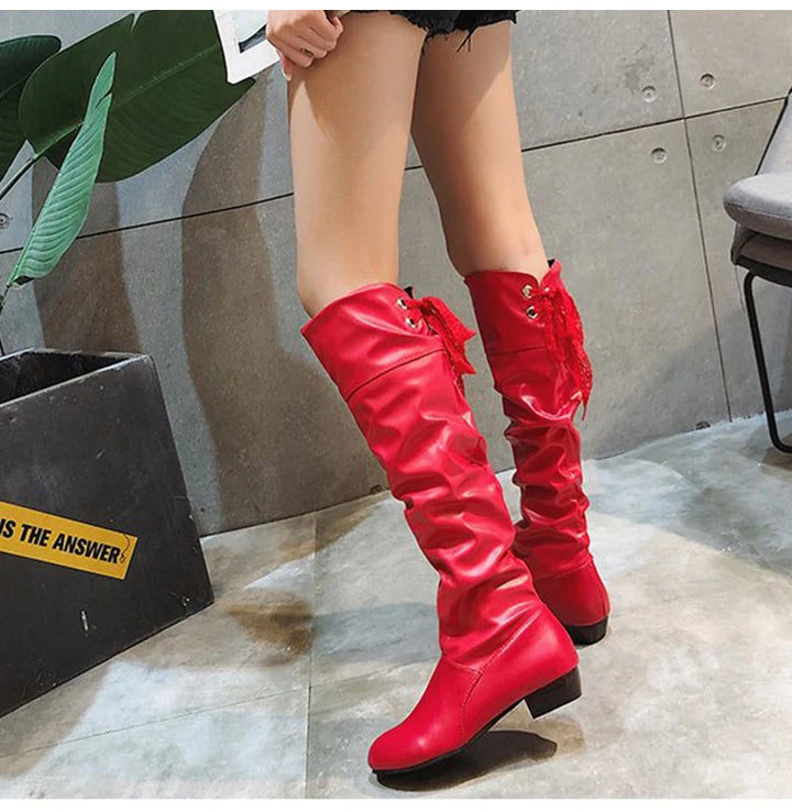 2024 Women’s Knee-High Boots – Pleated Leather, Low Heel, Casual Shoes