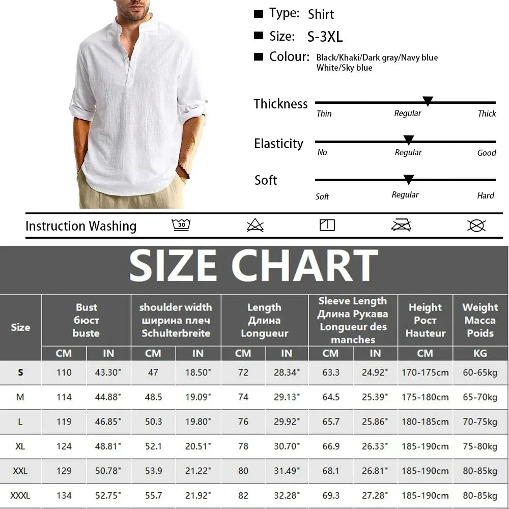 Men's Beach Hawaiian Shirts Solid Color Casual Streetwear Breathable Lightweight Shirts Long Sleeve Henley Cotton Linen Shirts