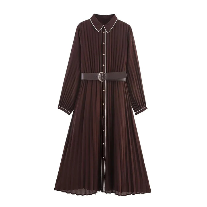 Women’s Fall 2025 Russet Pleated Midi Dress with Belt