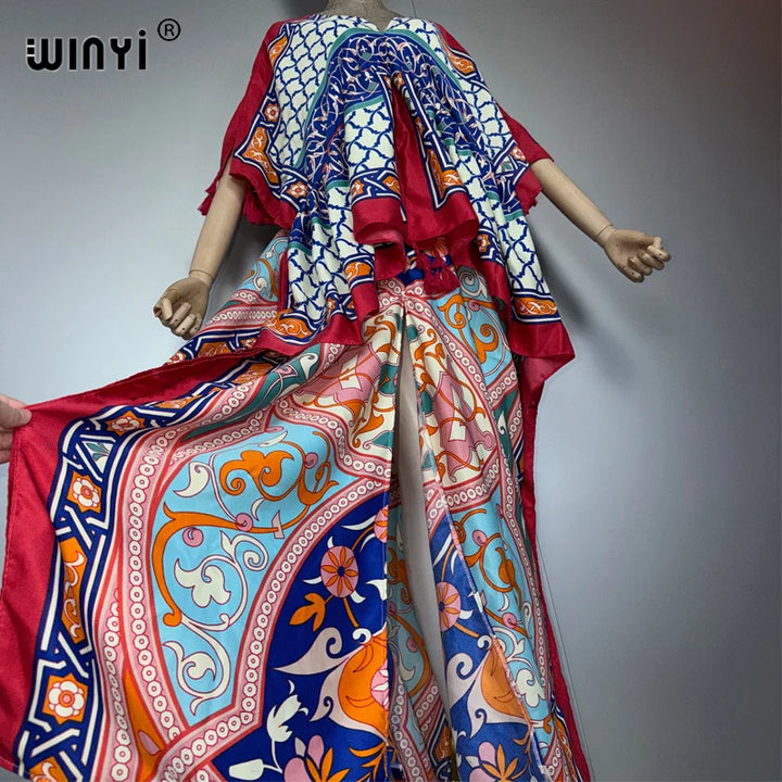 WINYI muslim woman dresses fashion kaftan party Dress Middle East Female loose kaftan abaya dubai luxury Print Caftan beachwear