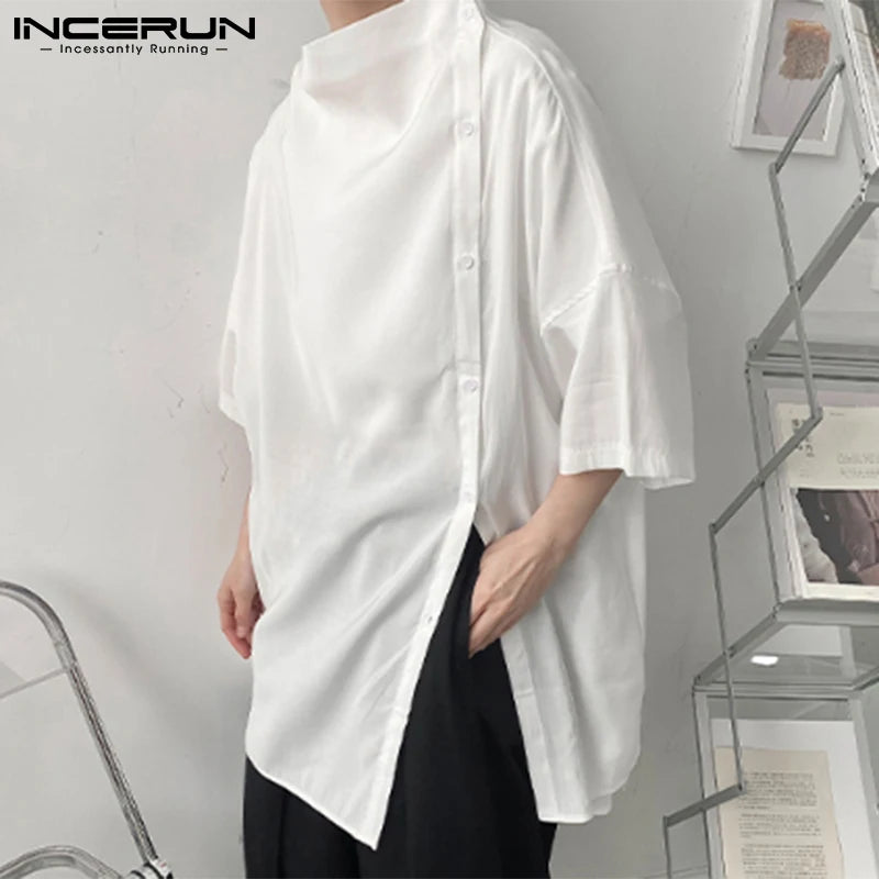 Handsome Well Fitting Men's Casual Shirts Solid Color Turtleneck Half Sleeve Button Up Camisa Masculina S-5XL INCERUN Tops 2023