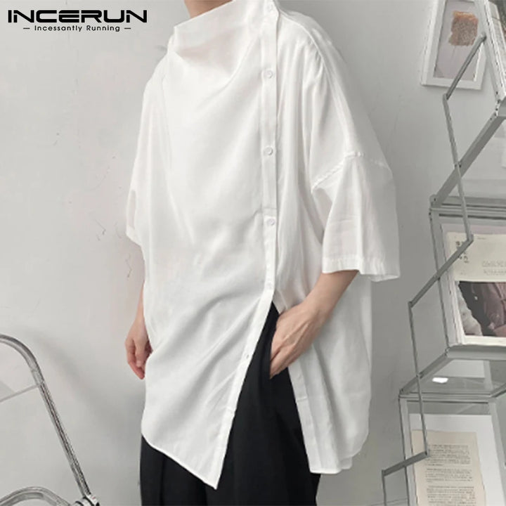 Handsome Well Fitting Men's Casual Shirts Solid Color Turtleneck Half Sleeve Button Up Camisa Masculina S-5XL INCERUN Tops 2023