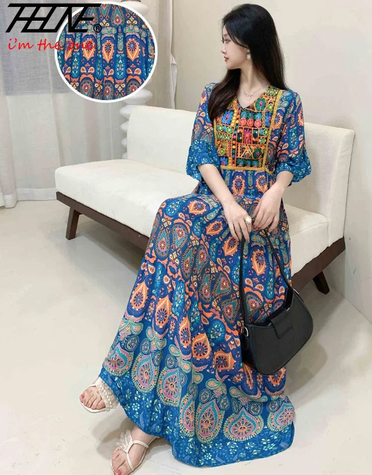 Women’s Indian Summer Dress – Embroidered Elegant Maxi Party & Beach Dress