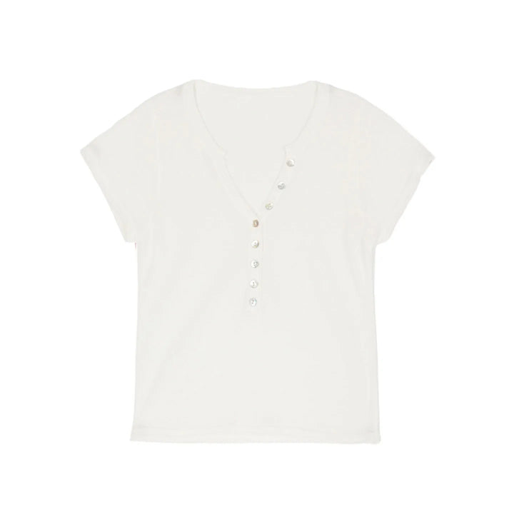 Shell Button Knit T-shirts Women Summer Simple Versatile Slim V-neck Short Sleeve Tess Sweet Korean Style Chic Tshirt Tops New