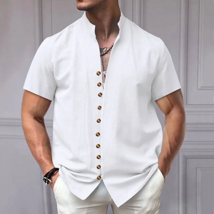 Summer New Short Sleeve Shirts for Men Fashion Solid Casual Linen Tops Breathable Stand Collar Loose Beach Blouses Men Clothing