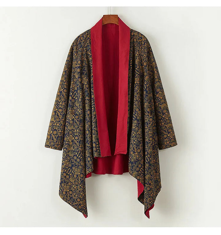Men's Kimono Cardigan Japanese Samurai Costume Cotton Linen Haori Yukata Streetwear Retro Ethnic Robe Double-Sided Cloak Jacket