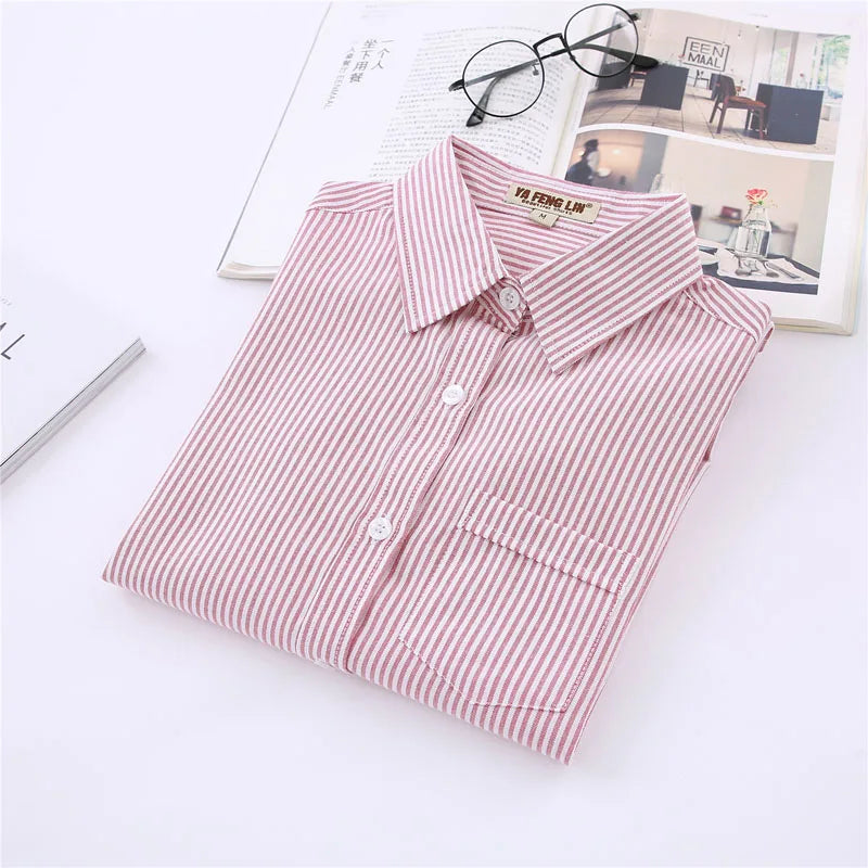 White Blue Pink Striped Shirt Women 2024 Spring New Simple Casual Long Sleeves Blouses and Tops Office Fashion Ladies Clothes