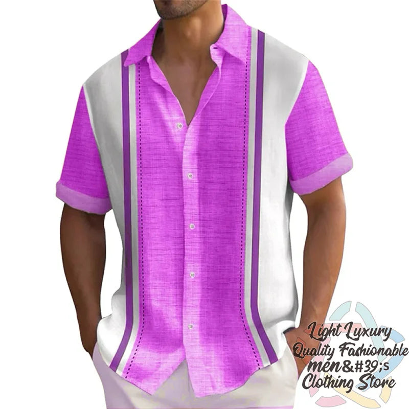 Men's shirts Summer striped linen print shirts Casual short-sleeved button Hawaiian shirts Oversized men's tops outfit collar