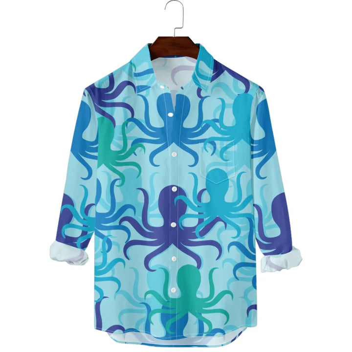 قميص رجالي مطبوع عليه سمك هاواي - قميص كاجوال بأكمام طويلة