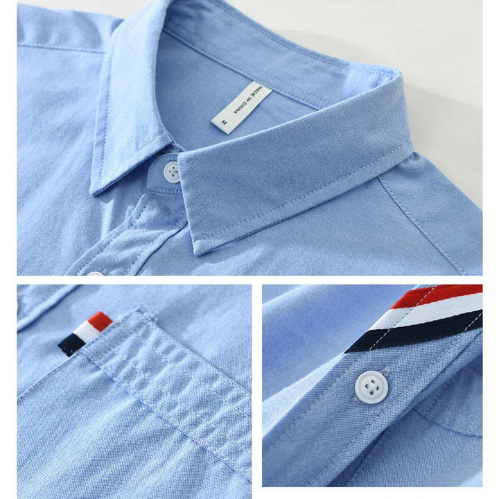 Men's 100% Cotton Short-Sleeve Shirt – Classic Turn-Down Collar, Slim Fit with Chest Pocket & Striped Detail