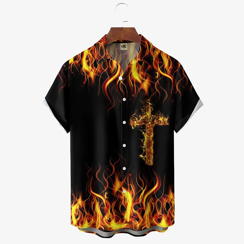 Men's Shirt 3D Vintage Summer Fashion Red Flame Hawaiian Shirt Men's Summer Short-sleeved Loose Shirt 2026 Style
