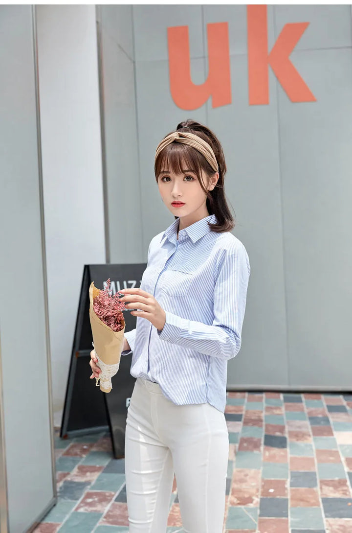 White Blue Pink Striped Shirt Women 2024 Spring New Simple Casual Long Sleeves Blouses and Tops Office Fashion Ladies Clothes