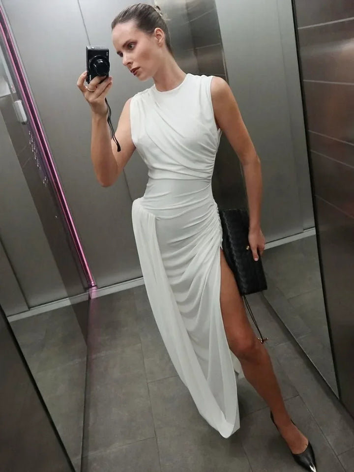 Woman Clothing O-neck Sleeveless Tunics High Slit Long Dress Streetwear Y2K Female High Waist Ruched Solid Holiday Party Dresses