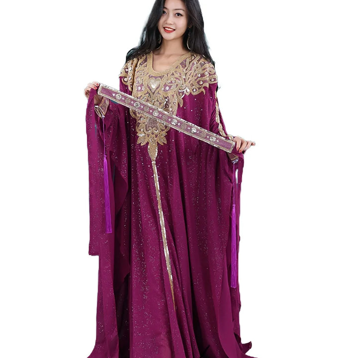 Khaleeji Gulf Dance Costume Women Gold Embroidery Kaftan Robe+Sleeveless Mermaid Slip Dress Belly Dance Performance Outfit