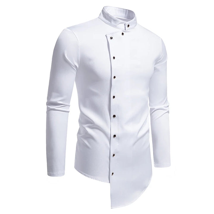 Mens Dress Shirts Vintage Personality Irregular Crop Long Sleeve Business Stand Collar Shirt Men Camisas Streetwear Blusas Tops