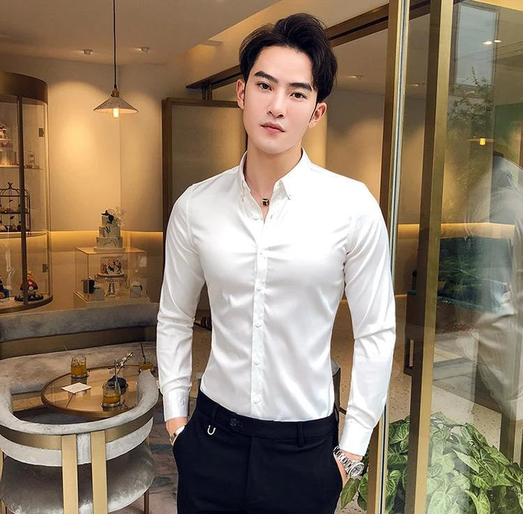 Plain Long Sleeve Shirts and Blouses for Men Business Silk Summer Button Man Tops Fashion 2025 Social High Quality Clothing S I