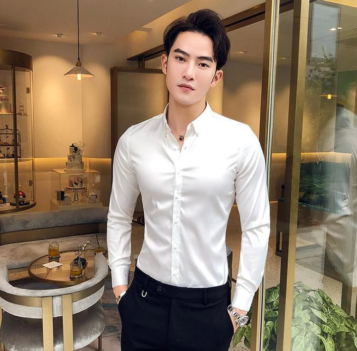 Plain Long Sleeve Shirts and Blouses for Men Business Silk Summer Button Man Tops Fashion 2025 Social High Quality Clothing S I