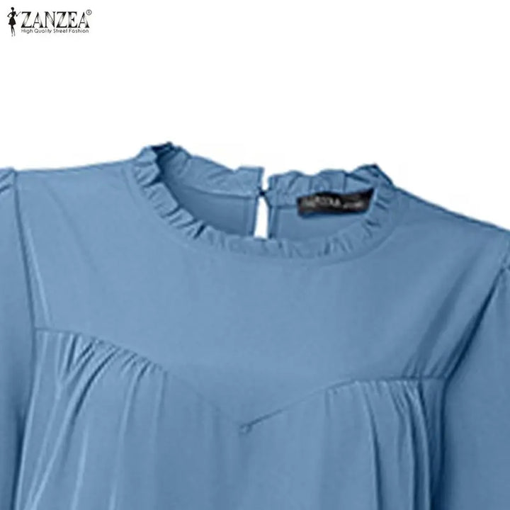 ZANZEA Muslim Modest Fashion Maxi Dress Women's Hijab O-Neck Long Sleeve Ruffled Hem Abaya Robes Islamic Ramadan Eid Kaftan