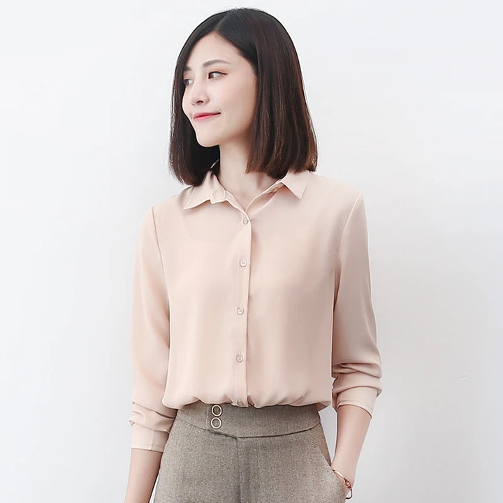 بلوزة شيفون بسيطة للنساء – بلوزة رسمية بأكمام طويلة