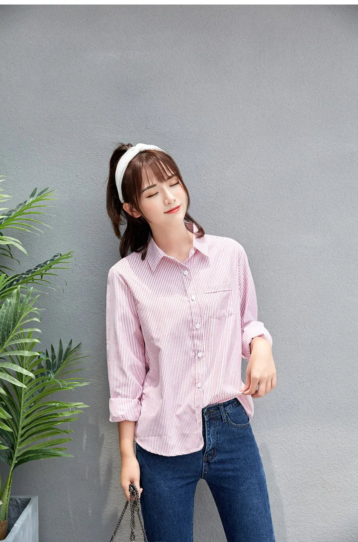 White Blue Pink Striped Shirt Women 2024 Spring New Simple Casual Long Sleeves Blouses and Tops Office Fashion Ladies Clothes