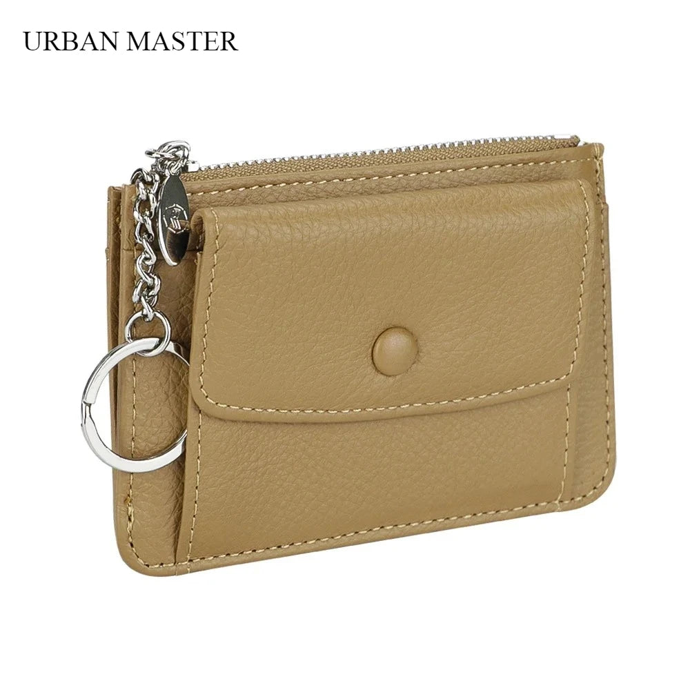 محفظة جلدية نسائية للبطاقات والعملات المعدنية مع سلسلة مفاتيح