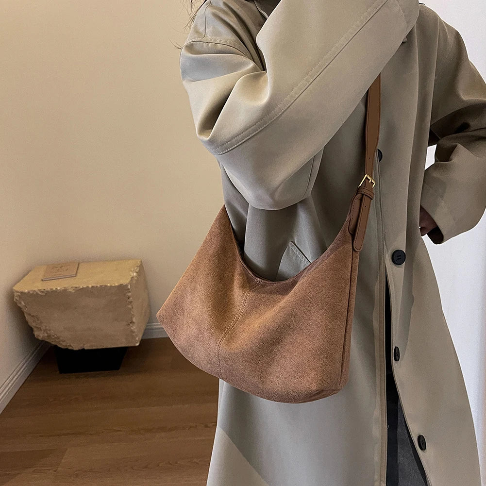 Vintage Women’s Suede Handbag – Designer Crescent Hobo Crossbody Bag