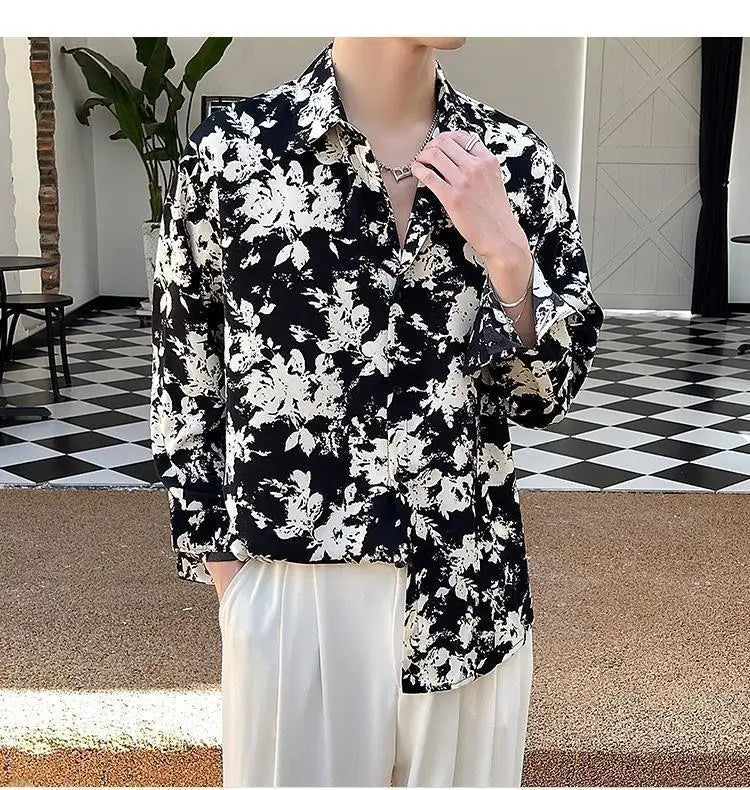 Men's Floral Shirt Men's Style New Long-sleeved Spring Autumn High-end Ice Silk Casual Loose