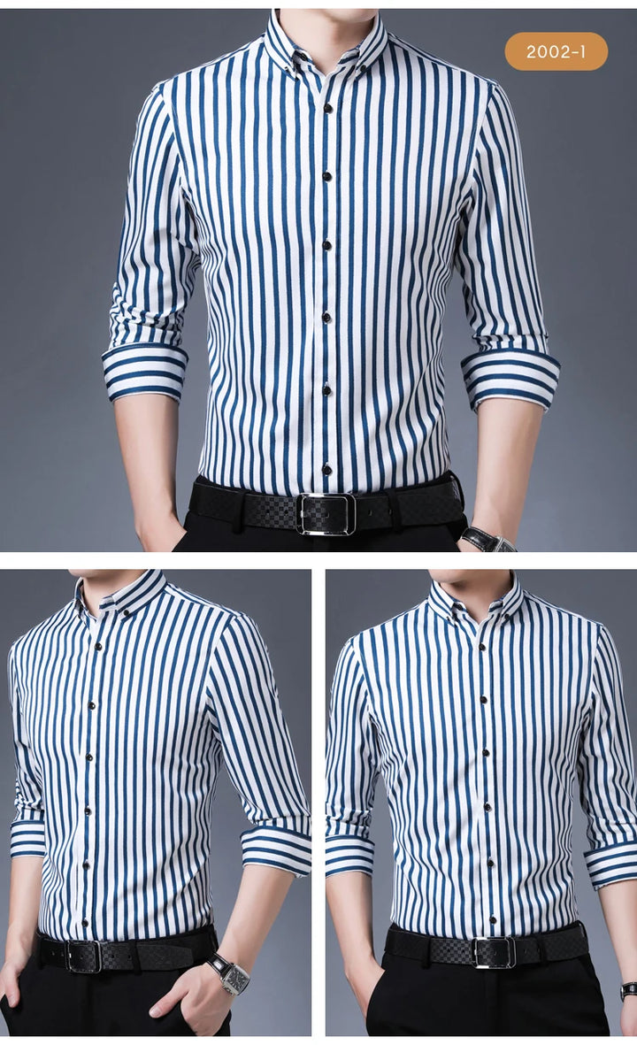 Men's Elegant  Striped Iron-Free Long Sleeve Dress Shirts - Breathable, Stretchy Casual Button Up Shirt For Formal Occasions