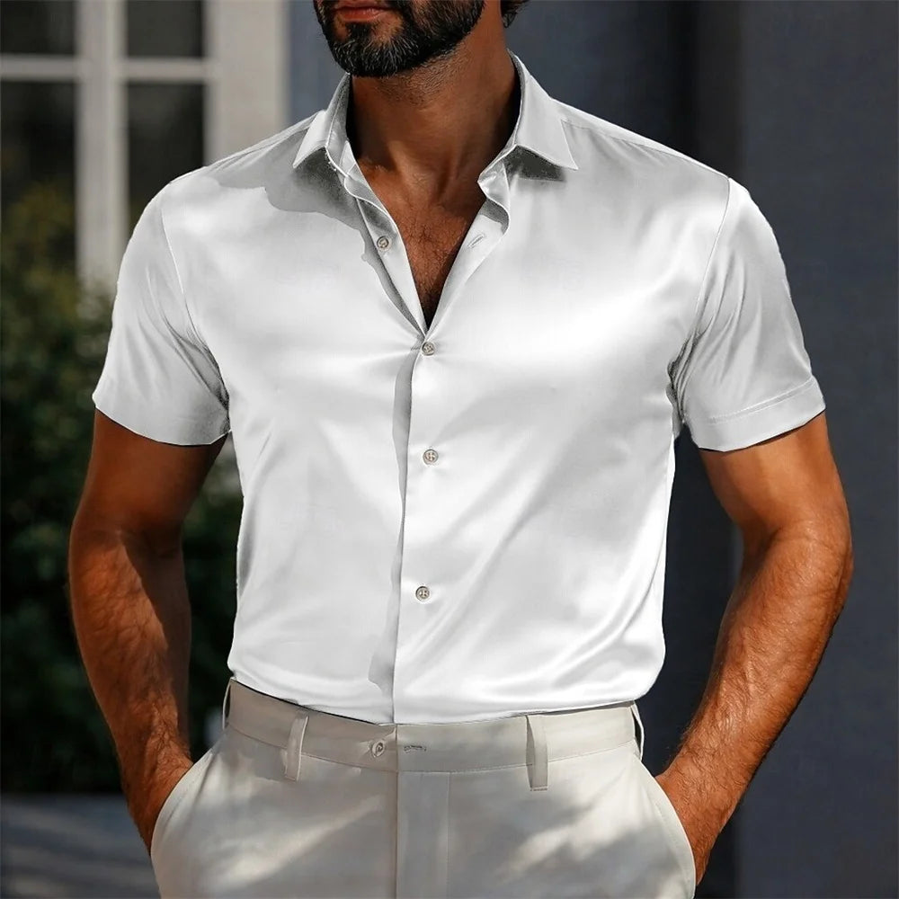 Men's Shirts Satin Shirts Formal Shirts Solid Color Daily Outdoor Light Blue Black White Navy Blue Short Sleeve Cuffed Summer Cl