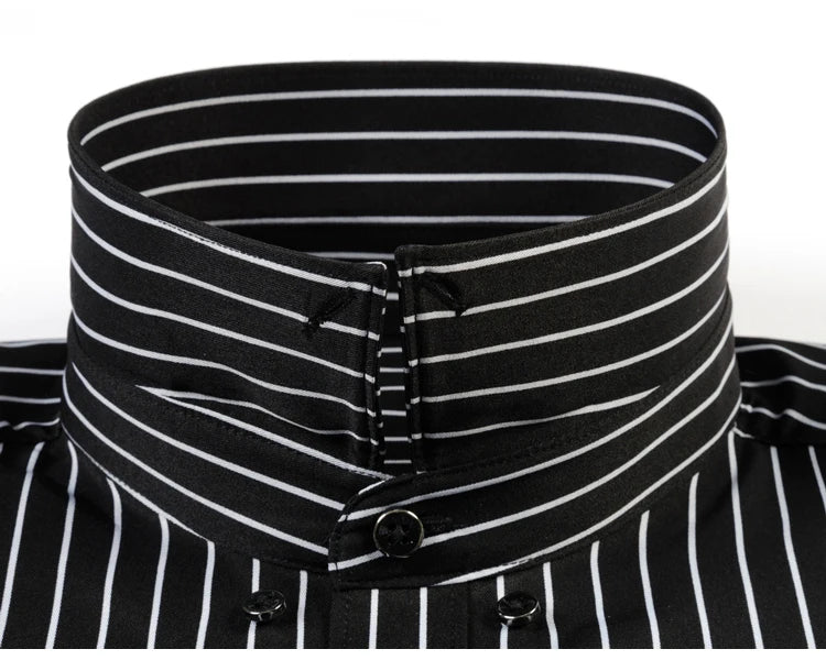 Men's Elegant  Striped Iron-Free Long Sleeve Dress Shirts - Breathable, Stretchy Casual Button Up Shirt For Formal Occasions