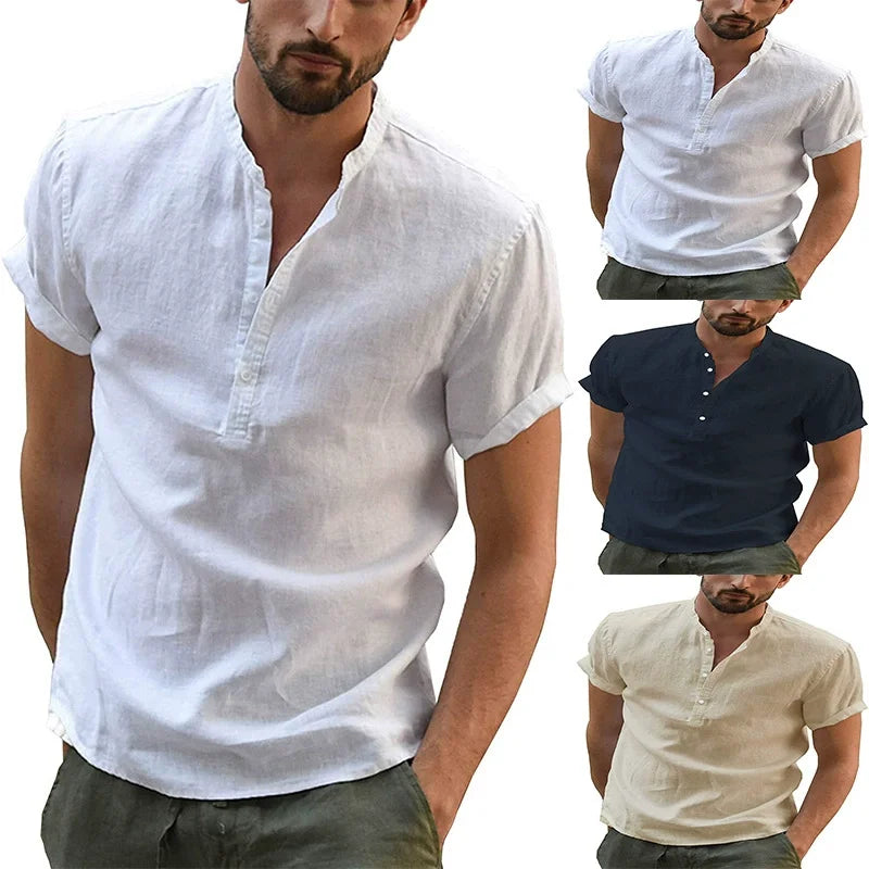 Summer Men's Short Sleeve Shirts Solid Color Stand Up Collar T Shirts Loose Casual Beach Shirt Breathable Male Linen Tops