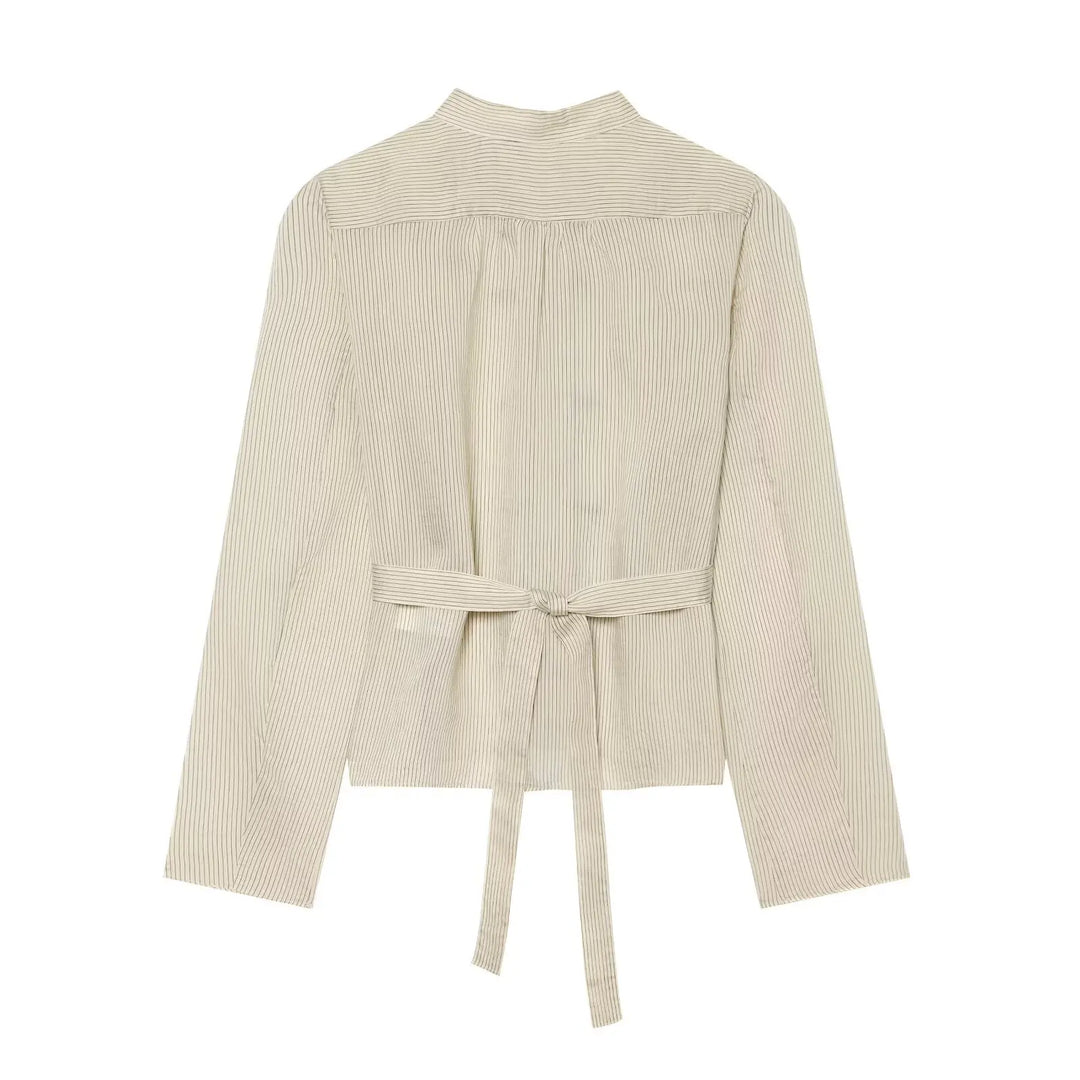 Women Trendy Sexy Striped Shirts Summer Female Chic Rope Buttons Sheer Shirts Lady High Street Elegant Long Sleeve Blouse Tops