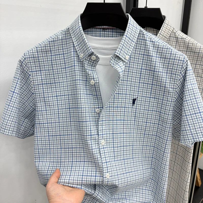 Short Sleeved Shirt for Men in Summer, Thin Design for Men, High-end Checkered Embroidered Shirt, Pure Cotton Top