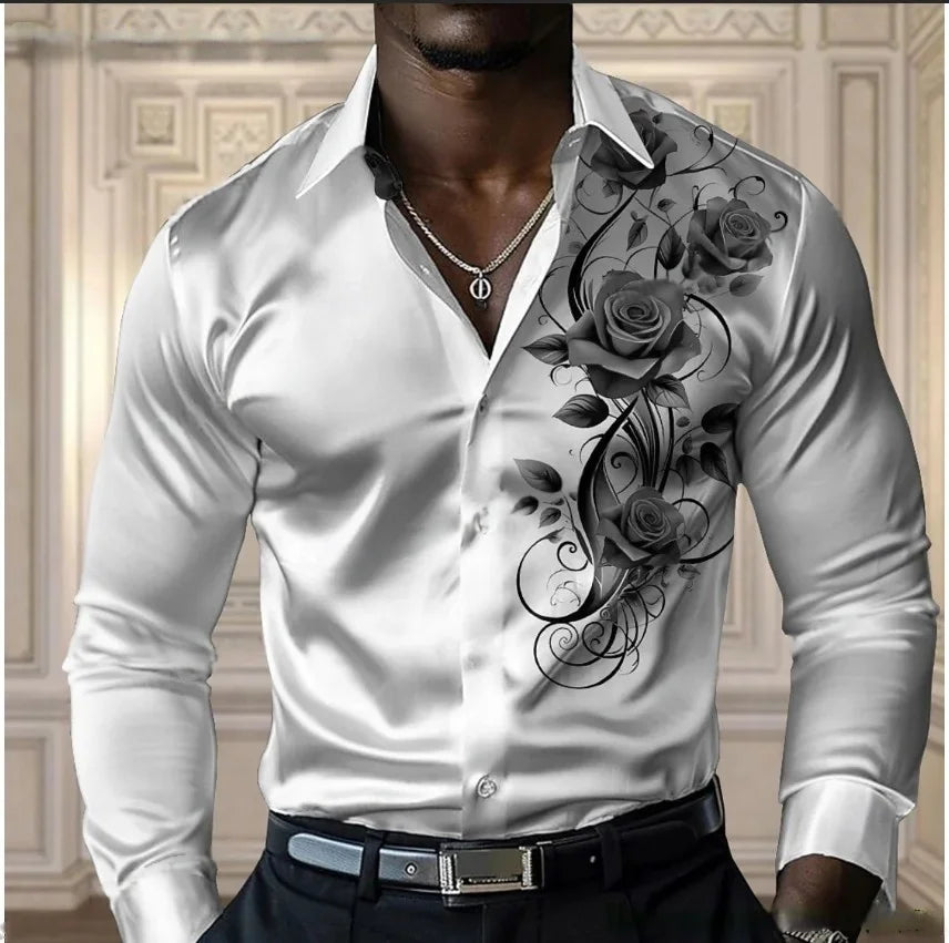 High-end Men's Rose Shirt, Casual and Comfortable Button-Down Long-Sleeved Shirt, Fashionable Four-Season Shirt, Plus-Size Desig