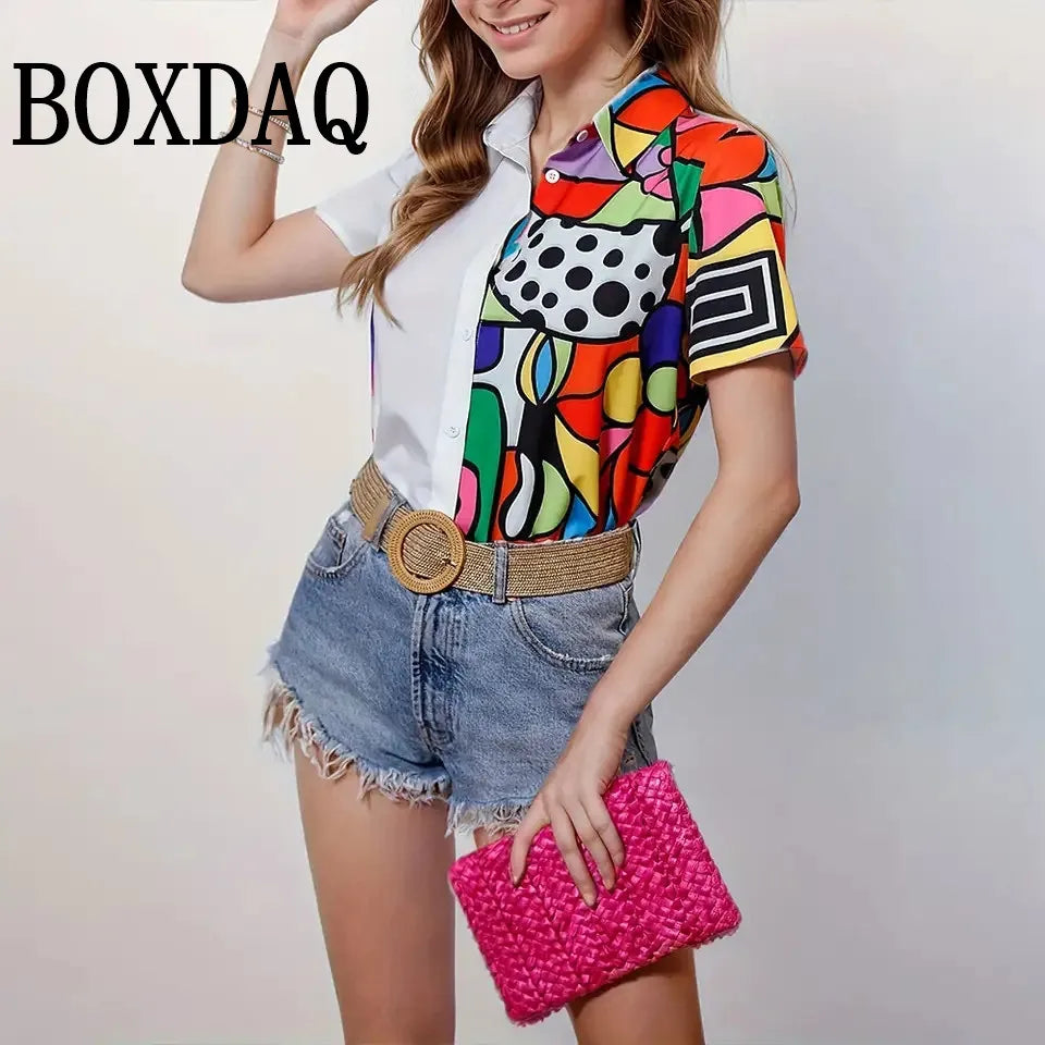 Shirt Fashion Color Matching Printed V-Neck Shirt Ladies Casual Elegant Women Blouse Summer Ladies Hawaiian Vacation Shirts 2025