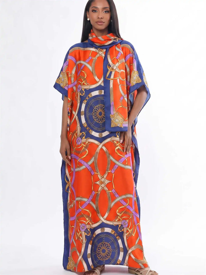 Women Muslim Kaftan Abaya With Matching Hijab Scarf Chain Print Maxi Dress Loose Batwing Sleeve Long Robe Set For Malay