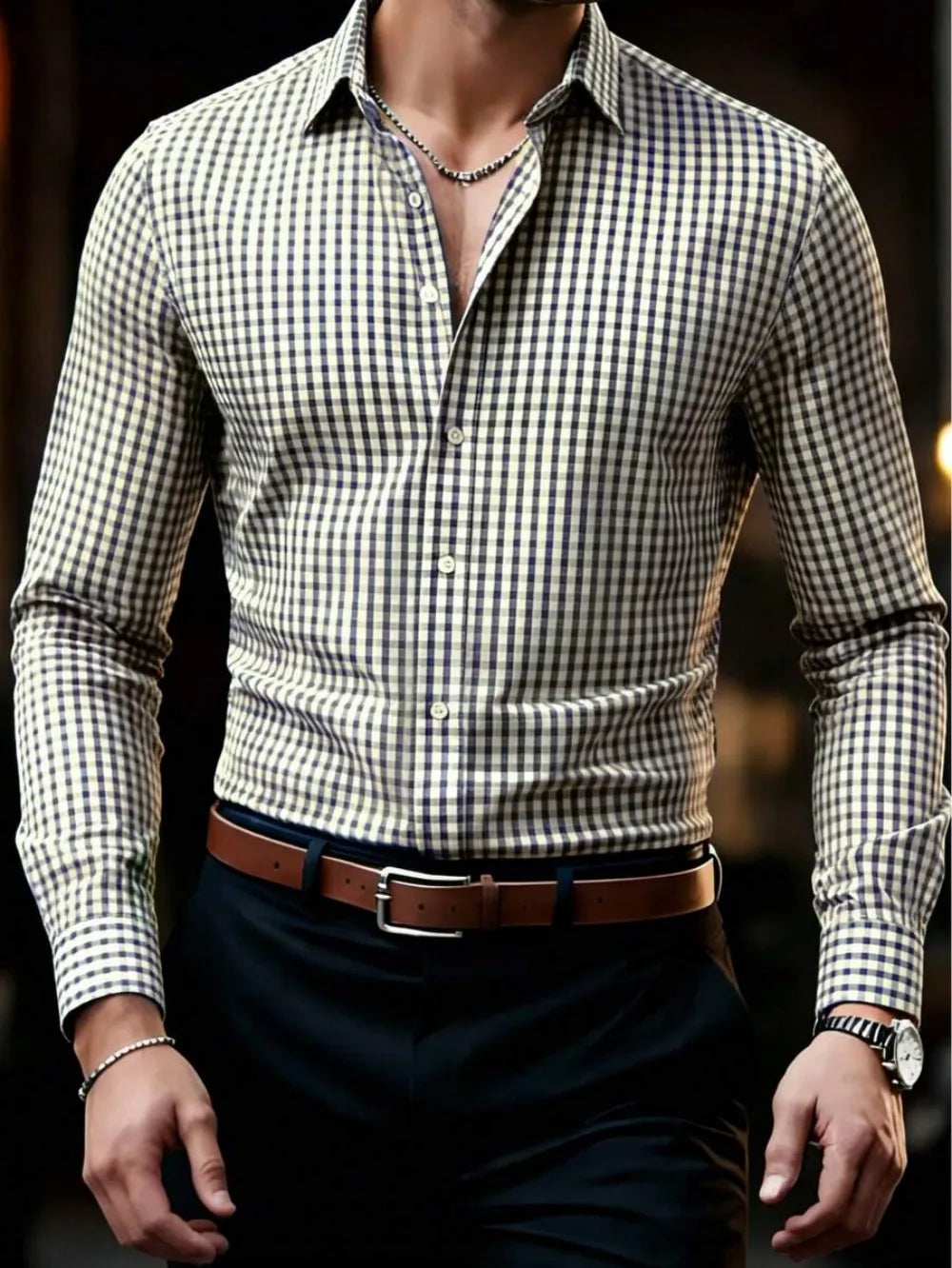 Men's button-up shirt, casual shirt, yellow, long-sleeved, plaid lapel, streetwear for everyday wear, comfortable, stylish
