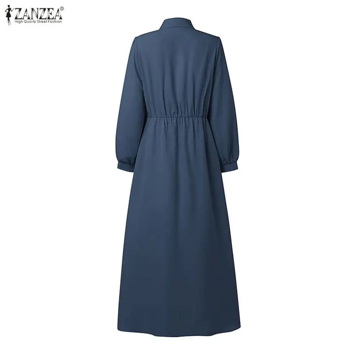ZANZEA Ramadan Robe Fashion Muslim Dresses Women Elegant Long Sleeve Pleated Sundress Dubai Abaya Casual Kaftan Fake 2 Pieces