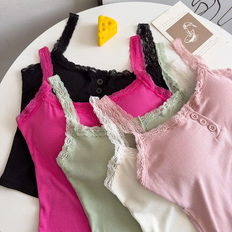 Women’s Sexy Lace Cropped Top – Sleeveless Camisole with Built-In Cups