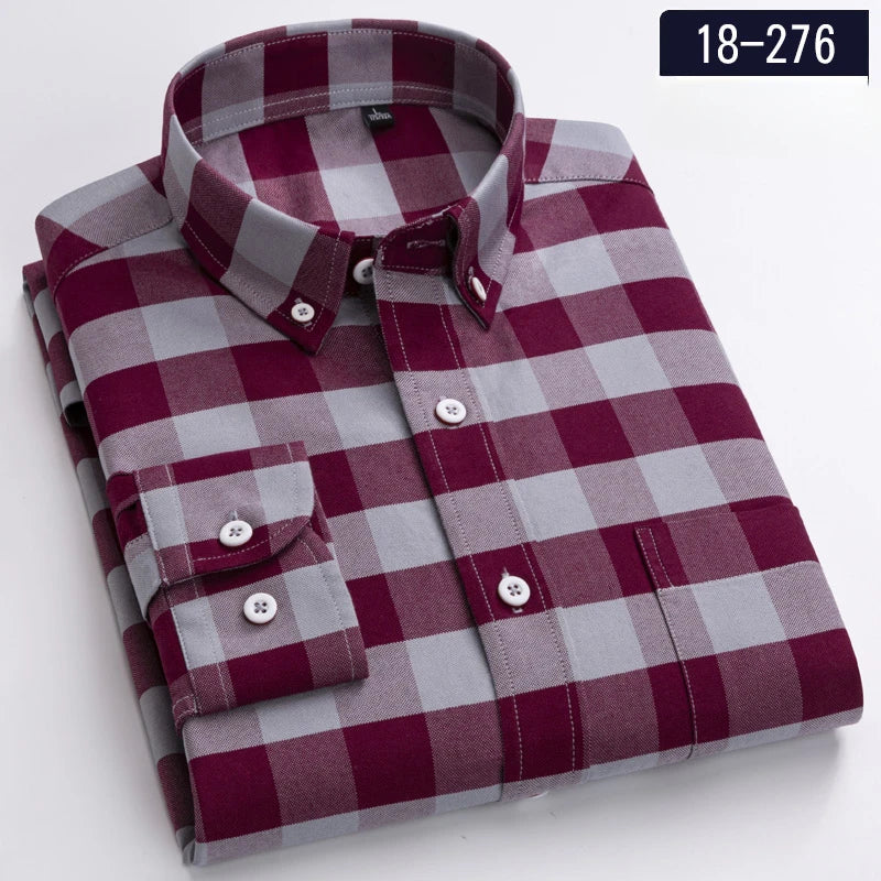 New in Shirt 100% Cotton Long-Sleeve Shirts for Men Slim Fit Plain Shirt Thin Plaid Striped Tops Fashion Elegants Office Clothes
