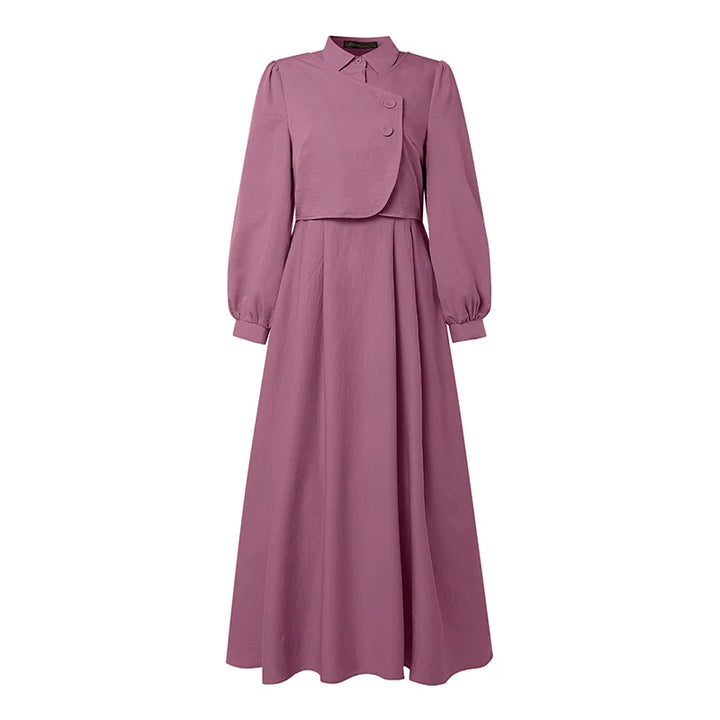 ZANZEA Ramadan Robe Fashion Muslim Dresses Women Elegant Long Sleeve Pleated Sundress Dubai Abaya Casual Kaftan Fake 2 Pieces