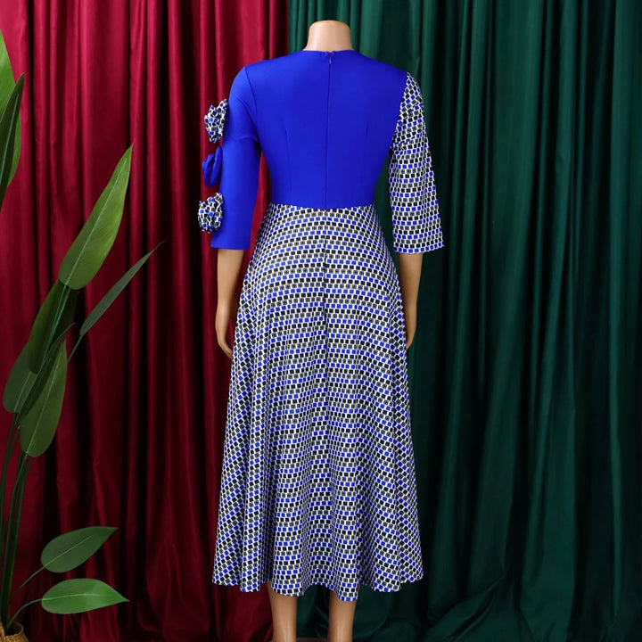 Elegant Dresses for Women 2025 Fall Fashion African 3/4 Sleeve Party Birthday New Robe Chic 3D Flower Plaid Evening A-Line Dress