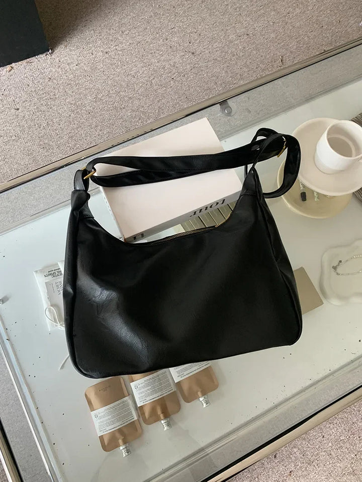 Women’s Soft PU Leather Tote – Foldable Slouchy Crossbody Handbag with Zipper