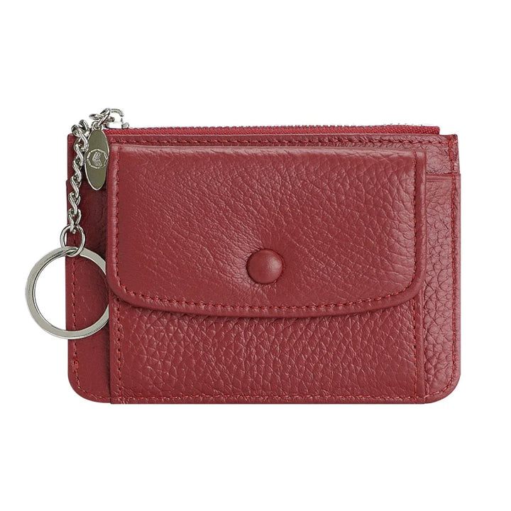 محفظة جلدية نسائية للبطاقات والعملات المعدنية مع سلسلة مفاتيح